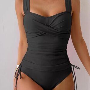 Solid Black Ruched Tummy Control Tankini Swimsuit 2 Pieces Set